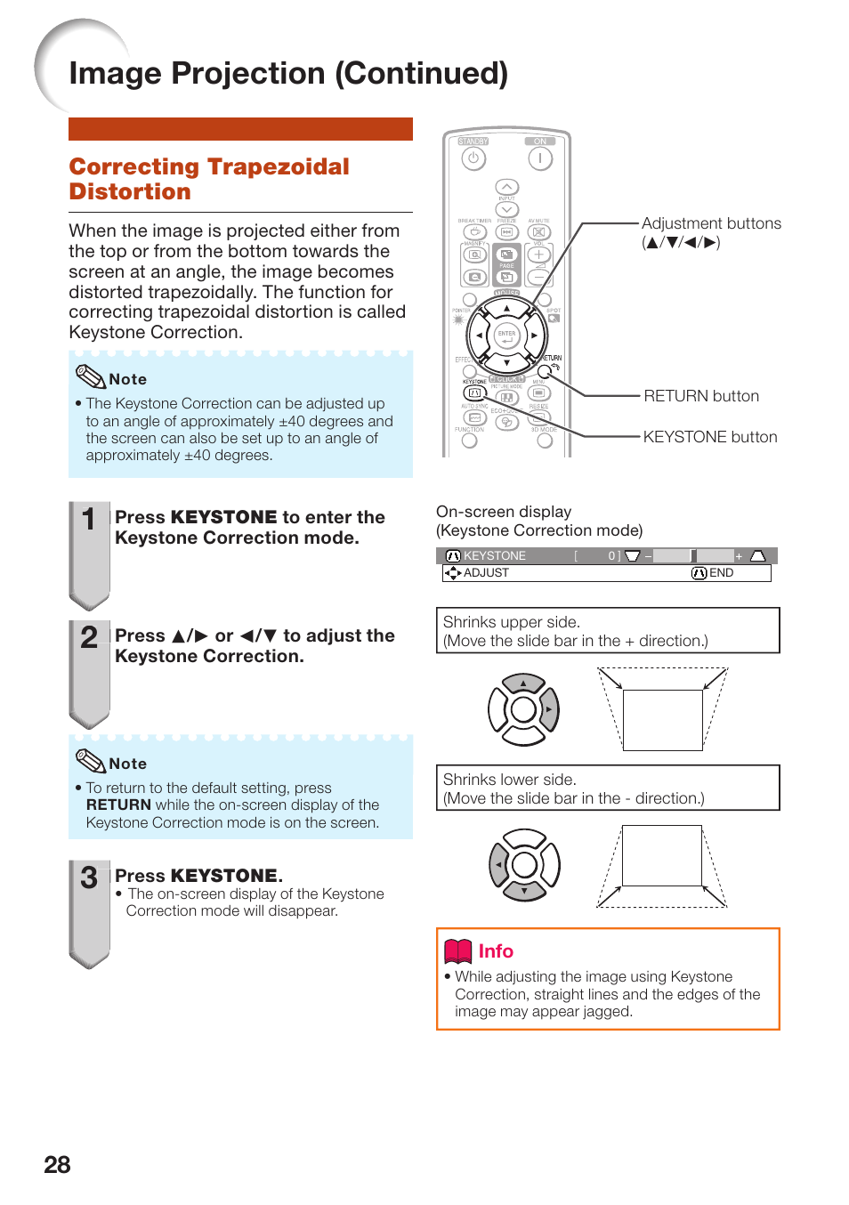 Correcting trapezoidal distortion, Image projection (continued) | Sharp PG-D2510X User Manual | Page 30 / 76