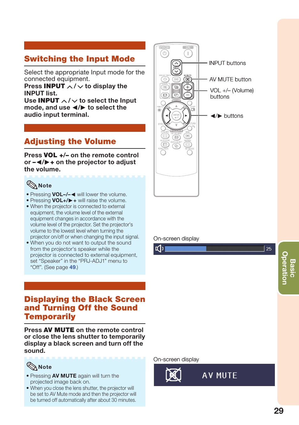 Switching the input mode, Adjusting the volume, Displaying the black screen and | Turning off the sound temporarily, Switching the input mode adjusting the volume | Sharp PG-D2510X User Manual | Page 31 / 76