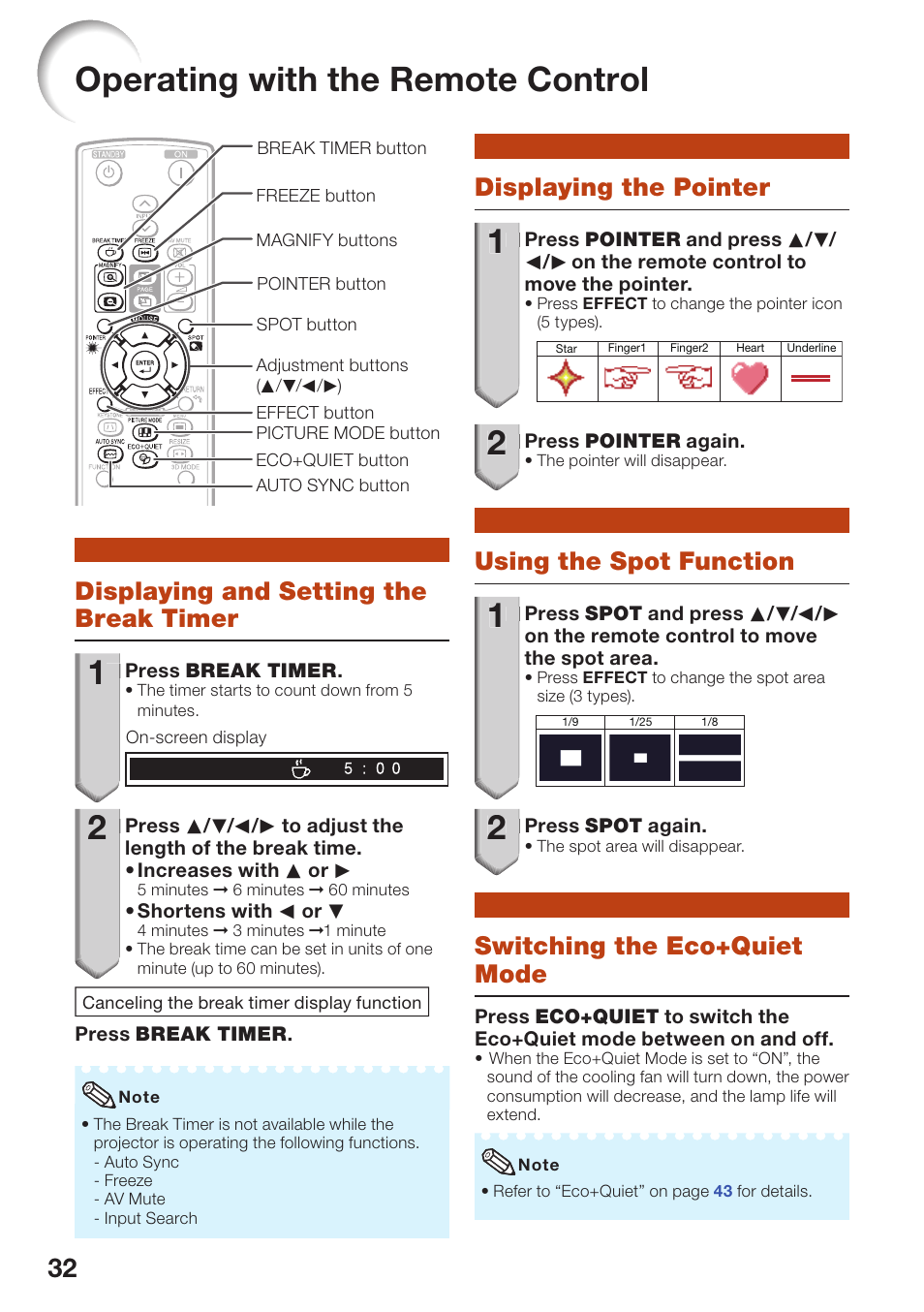 Useful features, Operating with the remote control, Displaying and setting the break timer | Displaying the pointer, Using the spot function, Switching the eco+quiet mode, Useful, Featur, Displaying and setting the, Break timer | Sharp PG-D2510X User Manual | Page 34 / 76