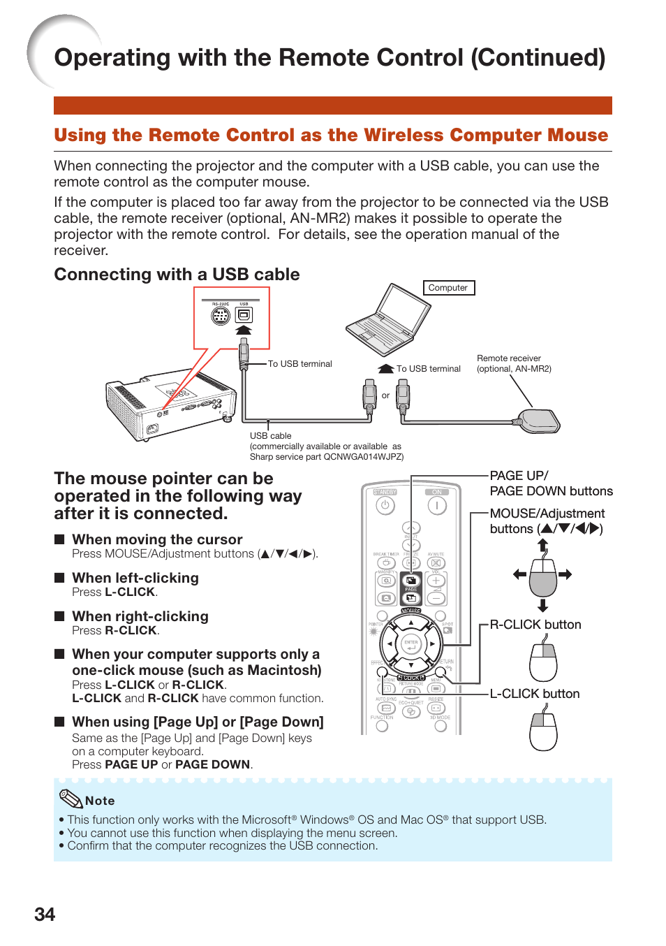Using the remote control as the, Wireless computer mouse, Operating with the remote control (continued) | Connecting with a usb cable | Sharp PG-D2510X User Manual | Page 36 / 76