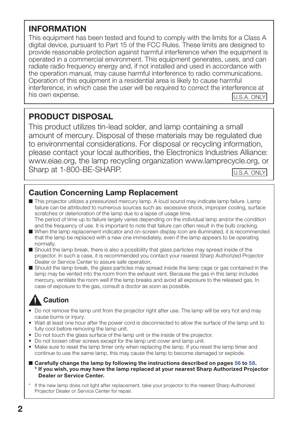 Information, Product disposal, Caution concerning lamp replacement | Sharp PG-D2510X User Manual | Page 4 / 76