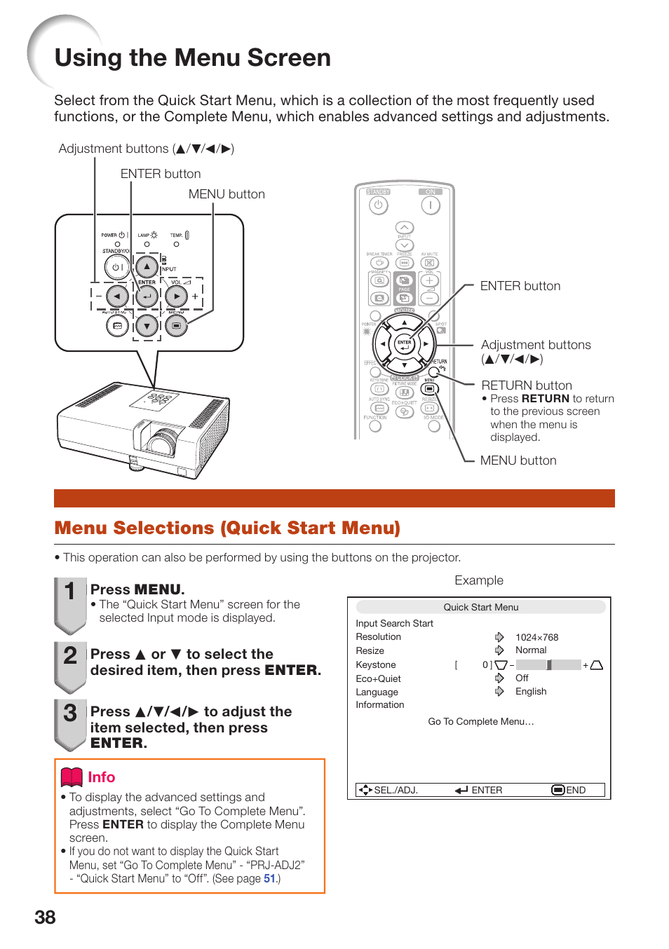 Using the menu screen, Menu selections (quick start menu) | Sharp PG-D2510X User Manual | Page 40 / 76