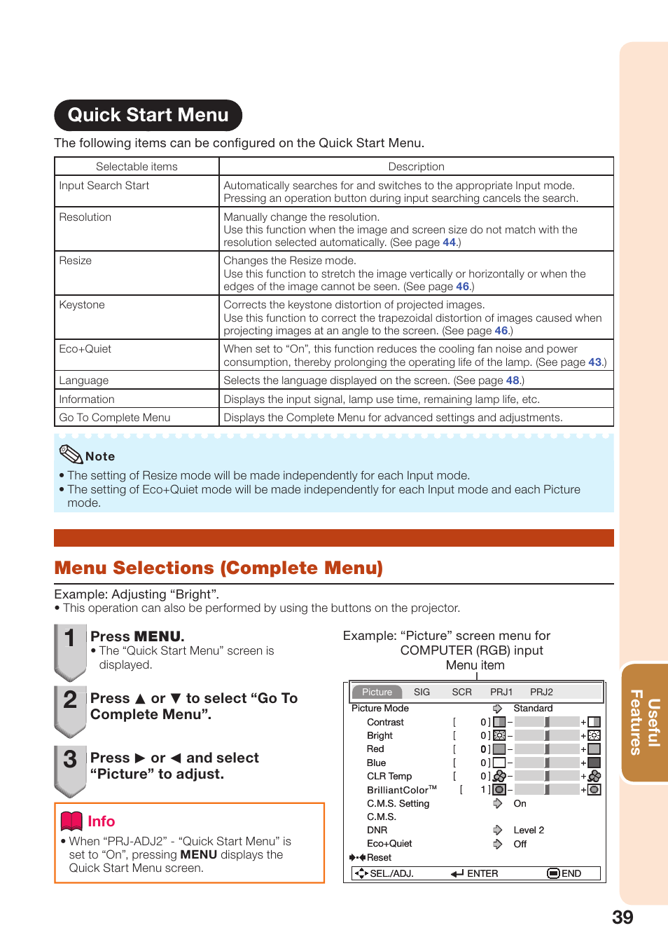 Quick start menu, Menu selections (complete menu), Quick start menu menu selections (complete menu) | Useful featur es, Info, Press menu, Press p or r to select “go to complete menu, Press q or o and select “picture” to adjust | Sharp PG-D2510X User Manual | Page 41 / 76