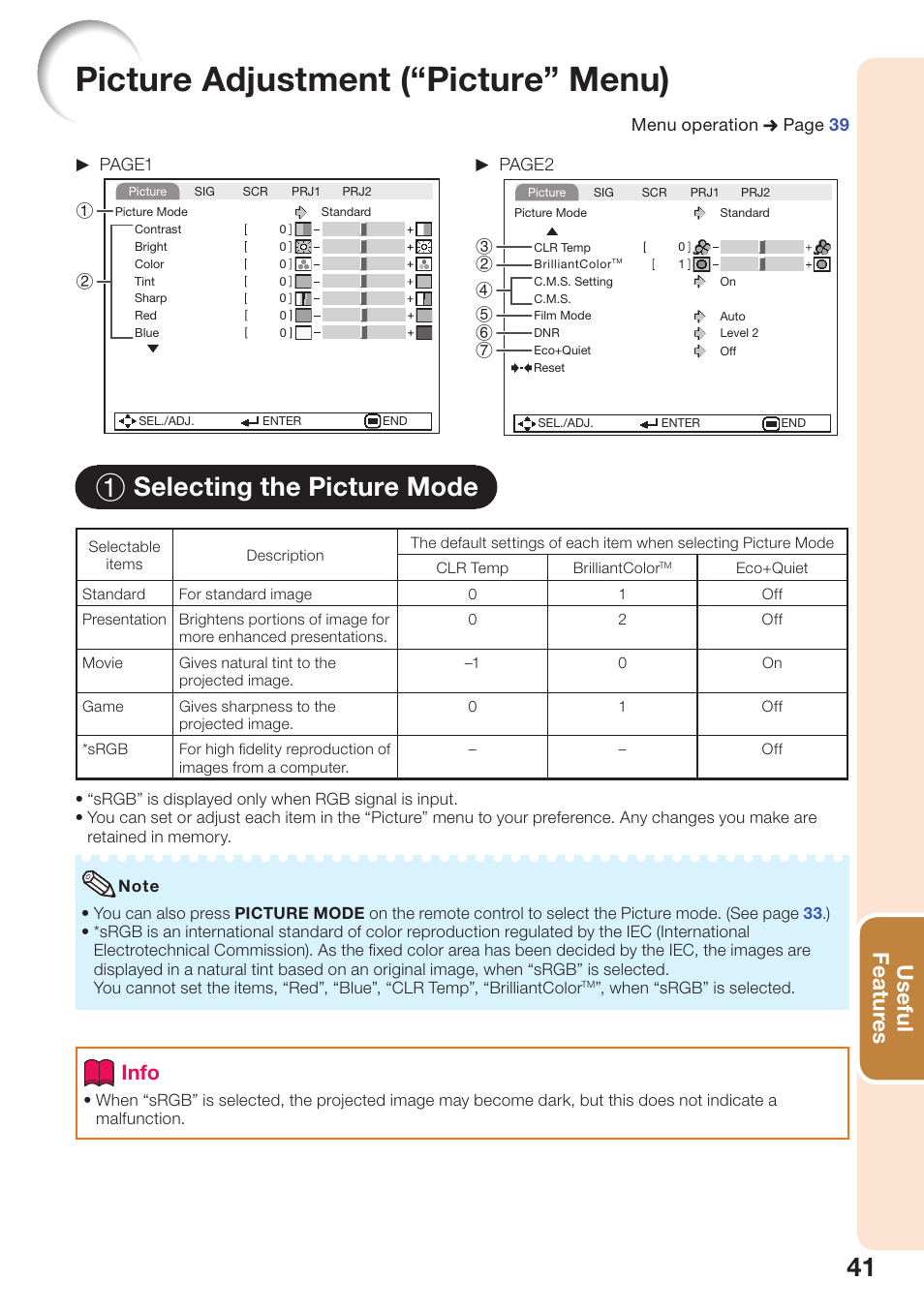 Picture adjustment (“picture” menu), Selecting the picture mode, 1 selecting the picture mode | Useful featur es, Info, Menu operation n page 39 q page1 q page2 | Sharp PG-D2510X User Manual | Page 43 / 76