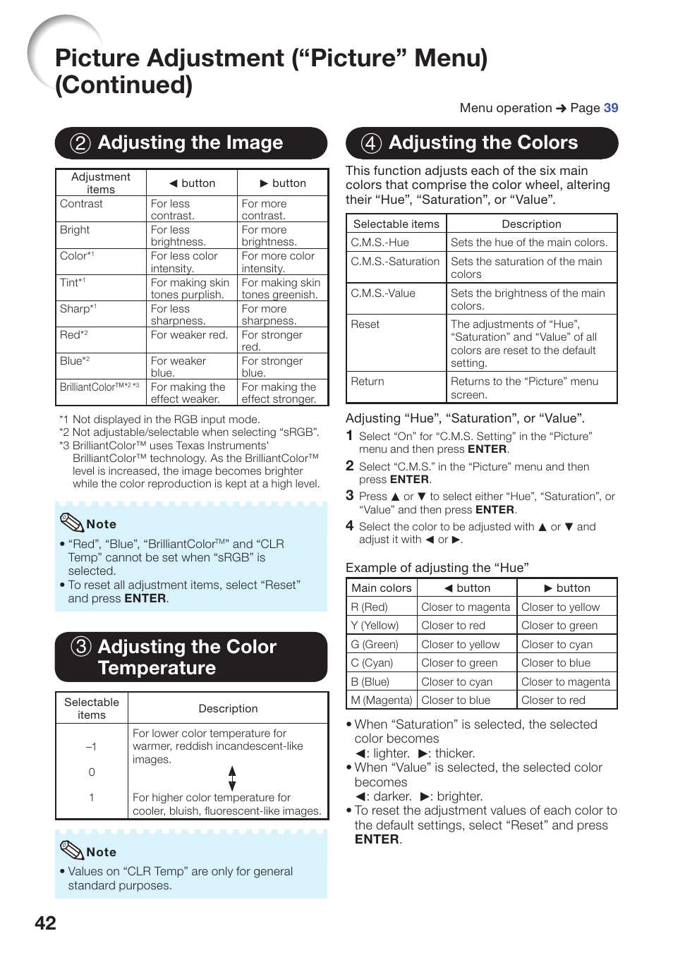 Adjusting the image, Adjusting the color temperature, Adjusting the colors | Picture adjustment (“picture” menu) (continued), 2 adjusting the image, 4 adjusting the colors | Sharp PG-D2510X User Manual | Page 44 / 76