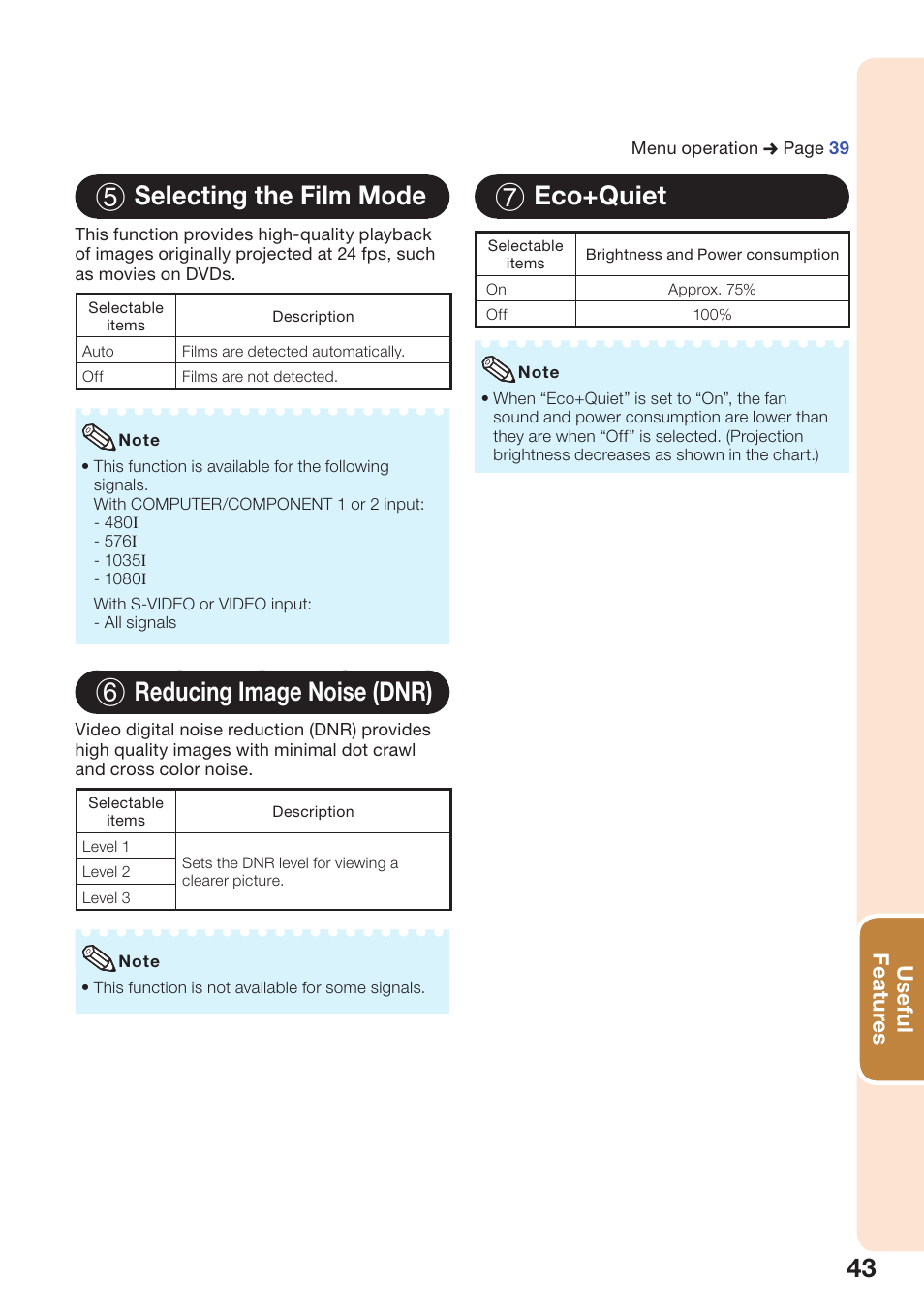 Selecting the film mode, Reducing image noise (dnr), Eco+quiet | 5 selecting the film mode, 6 reducing image noise (dnr), 7 eco+quiet, Useful featur es | Sharp PG-D2510X User Manual | Page 45 / 76