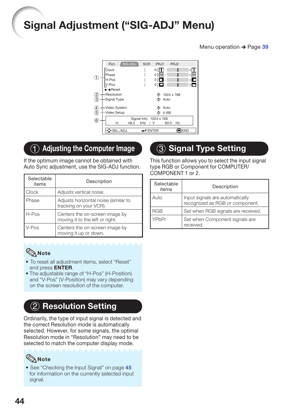 Signal adjustment (“sig-adj” menu), Adjusting the computer image, Resolution setting | Signal type setting, 1 adjusting the computer image, 2 resolution setting, 3 signal type setting | Sharp PG-D2510X User Manual | Page 46 / 76