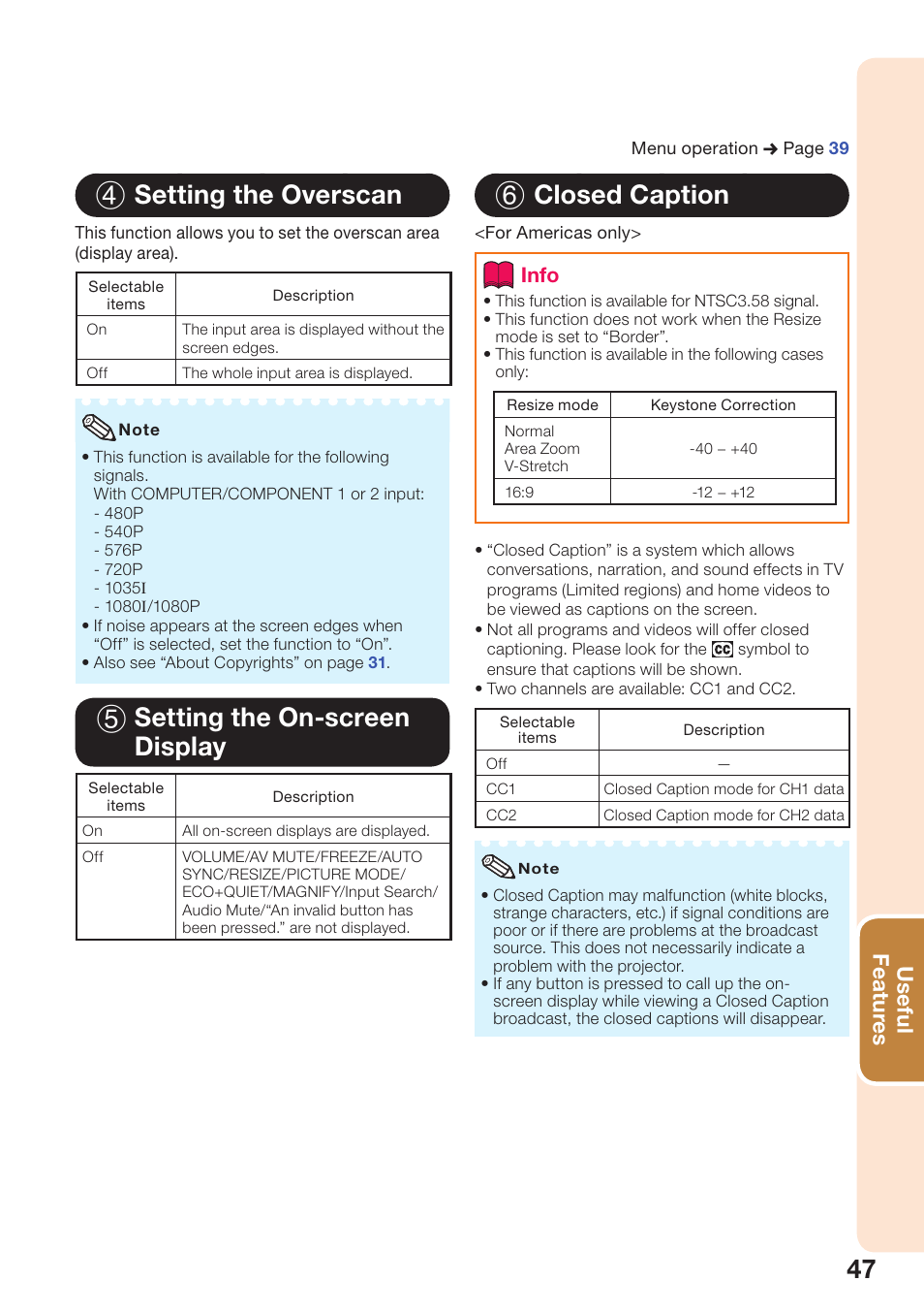 Setting the overscan, Setting the on-screen display, Closed caption | 4 setting the overscan, 5 setting the on-screen display, 6 closed caption, Useful featur es, Info | Sharp PG-D2510X User Manual | Page 49 / 76