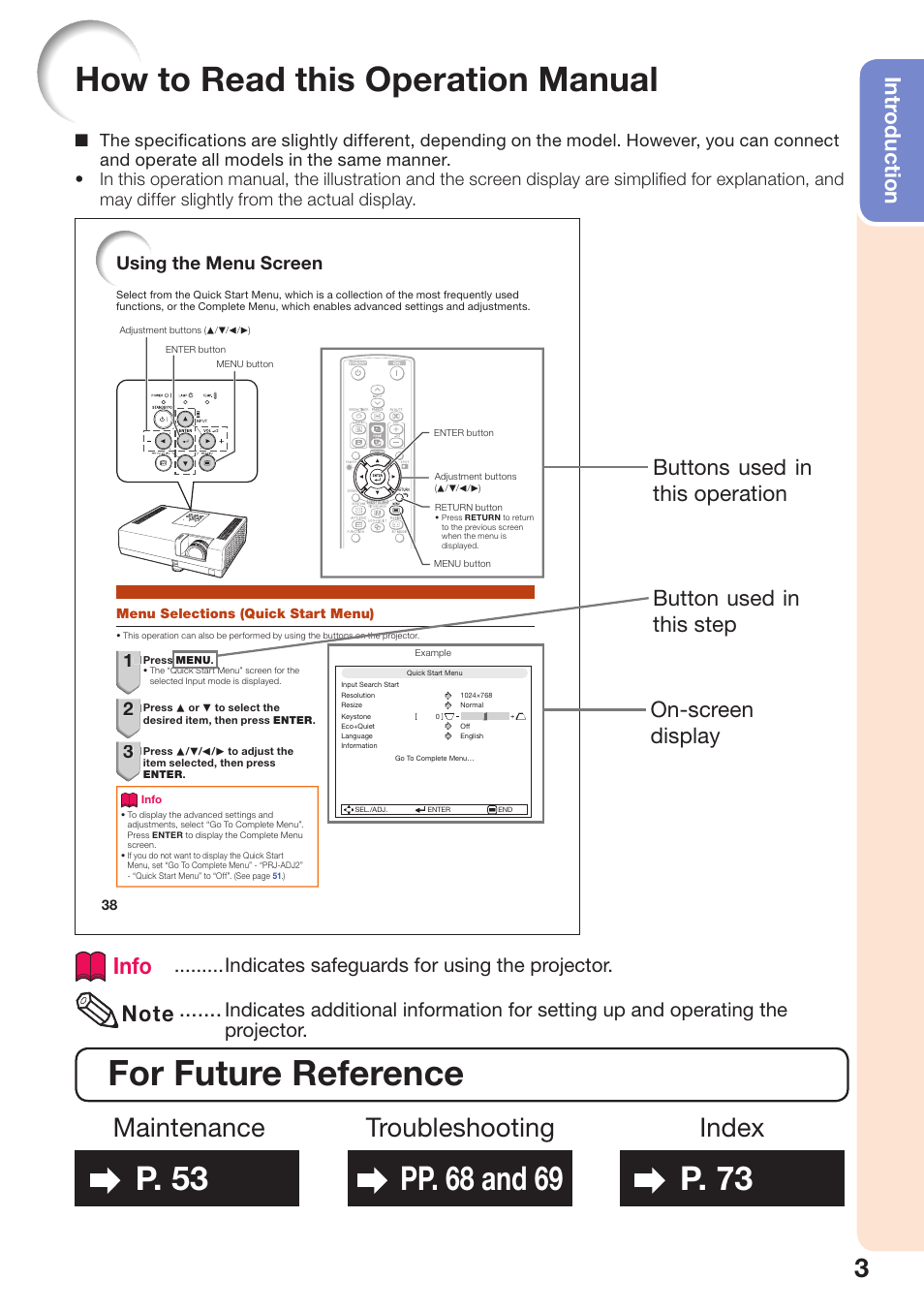 How to read this operation manual, For future reference, P. 53 | Pp . 68 and 69, P. 73, Maintenance, Troubleshooting, Index, Info, Intr oduction | Sharp PG-D2510X User Manual | Page 5 / 76