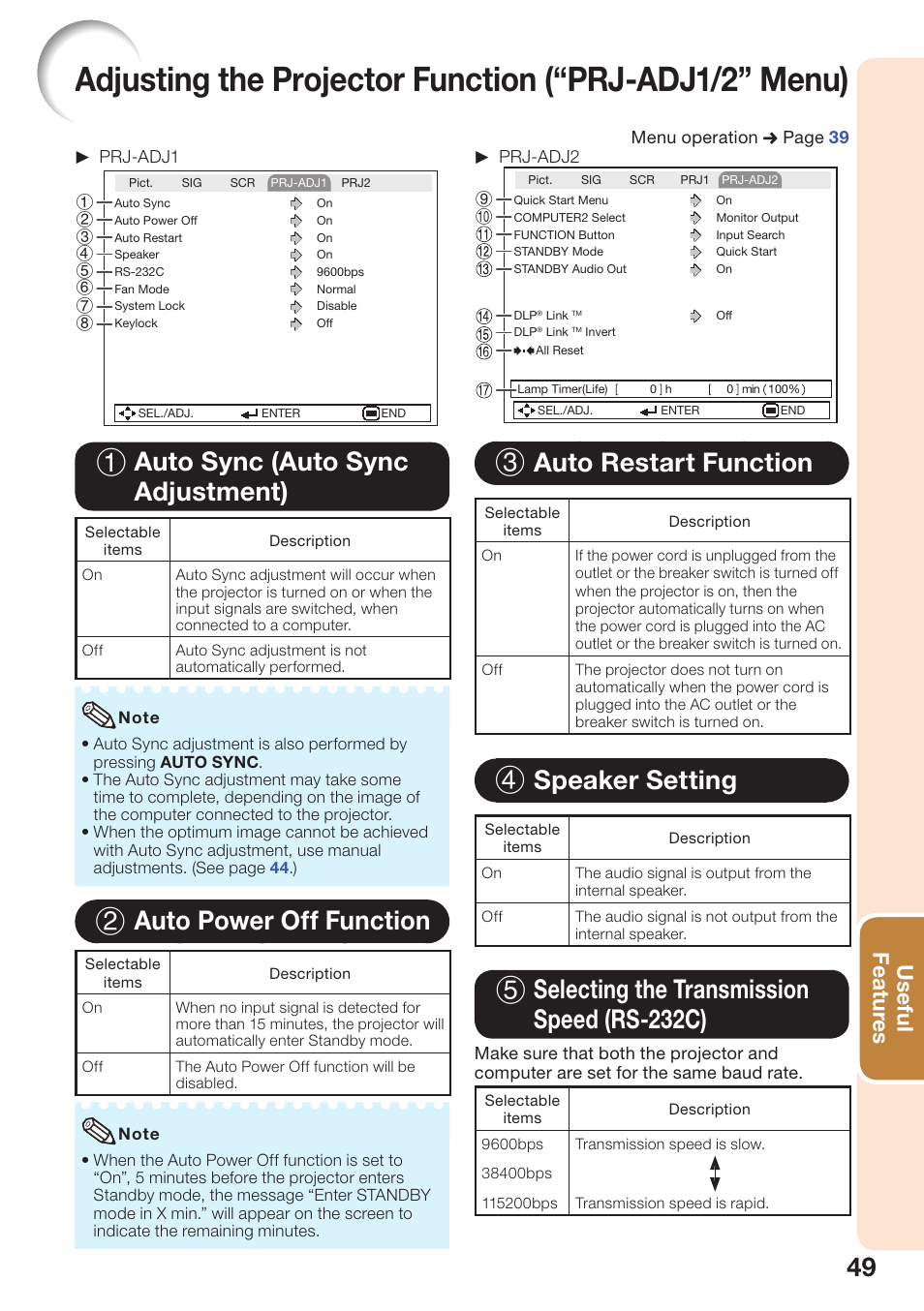 Auto sync (auto sync adjustment), Auto power off function, Auto restart function | Speaker setting, Selecting the transmission speed (rs-232c), Adjusting the projector function, Prj-adj1/2” menu), Rs-232c), 1 auto sync (auto sync adjustment), 2 auto power off function | Sharp PG-D2510X User Manual | Page 51 / 76