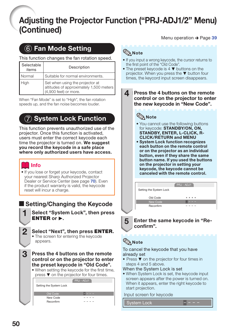 Fan mode setting, System lock function, Fan mode setting system lock function | 6 fan mode setting, 7 system lock function, A setting/changing the keycode | Sharp PG-D2510X User Manual | Page 52 / 76