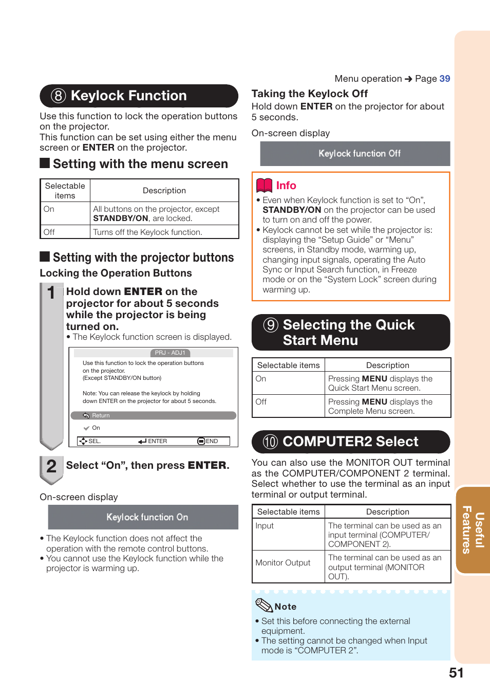 Keylock function, Selecting the quick start menu, Computer2 select | 8 keylock function, 9 selecting the quick start menu, 0 computer2 select, A setting with the menu screen, A setting with the projector buttons | Sharp PG-D2510X User Manual | Page 53 / 76