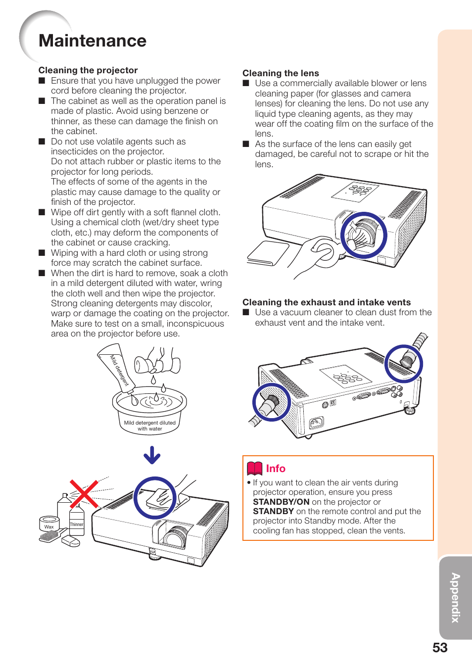 Appendix, Maintenance, Info | Sharp PG-D2510X User Manual | Page 55 / 76