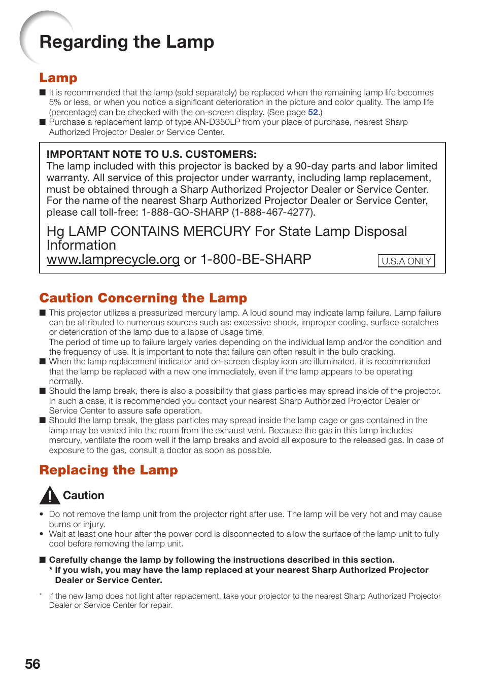 Regarding the lamp, Lamp, Caution concerning the lamp | Replacing the lamp | Sharp PG-D2510X User Manual | Page 58 / 76