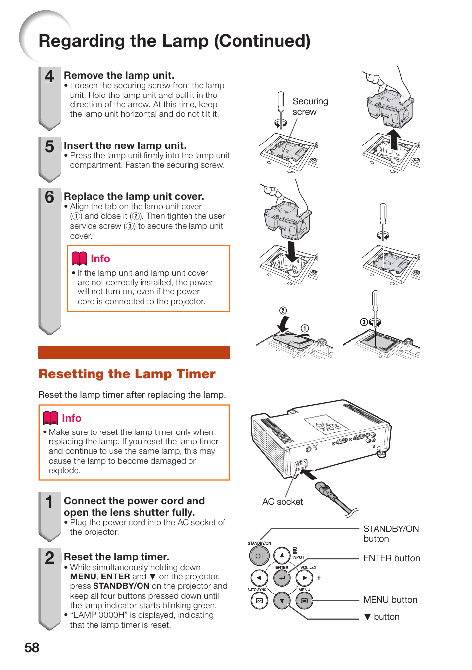 Resetting the lamp timer, 2regarding the lamp (continued) | Sharp PG-D2510X User Manual | Page 60 / 76