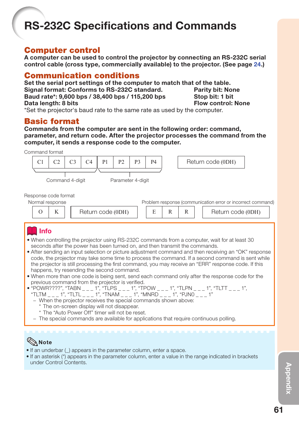 Rs-232c specifications and commands, Rs-232c speciﬁ cations and, Commands | Rs-232c speciﬁ cations and commands, Computer control, Communication conditions, Basic format | Sharp PG-D2510X User Manual | Page 63 / 76