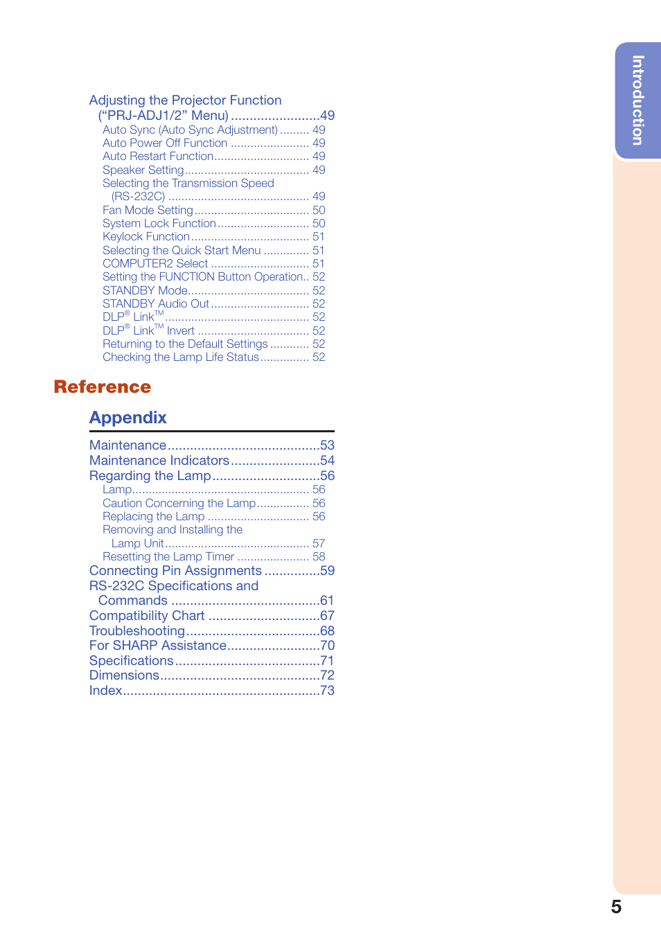 Reference, Appendix, Intr oduction | Sharp PG-D2510X User Manual | Page 7 / 76