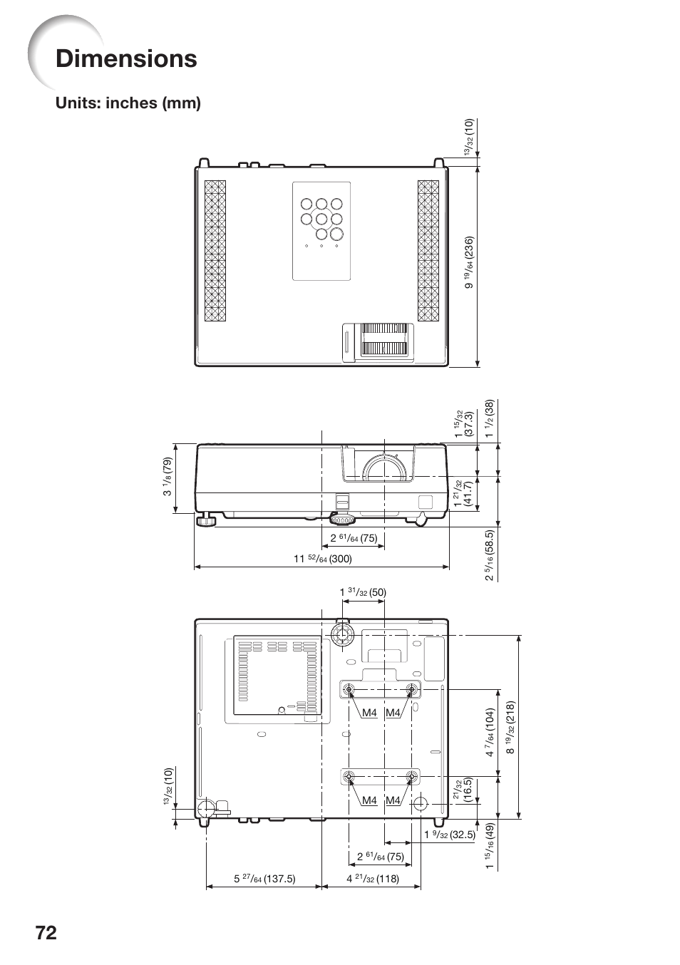 Dimensions, Units: inches (mm) | Sharp PG-D2510X User Manual | Page 74 / 76