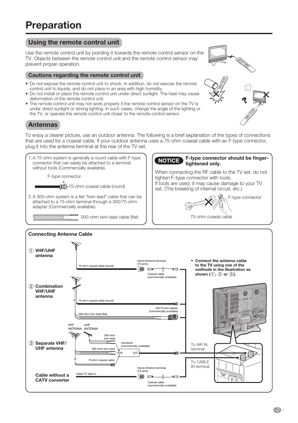 Preparation, Using the remote control unit, Cautions regarding the remote control unit | Antennas, Notice | Sharp Aquos LC-37D90U User Manual | Page 14 / 79