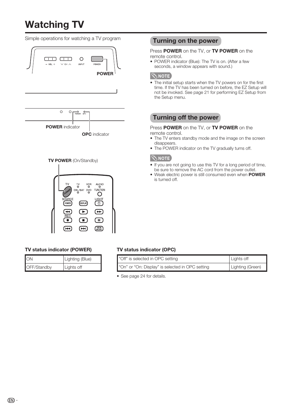 Watching tv, Turning on the power, Turning off the power | Sharp Aquos LC-37D90U User Manual | Page 15 / 79
