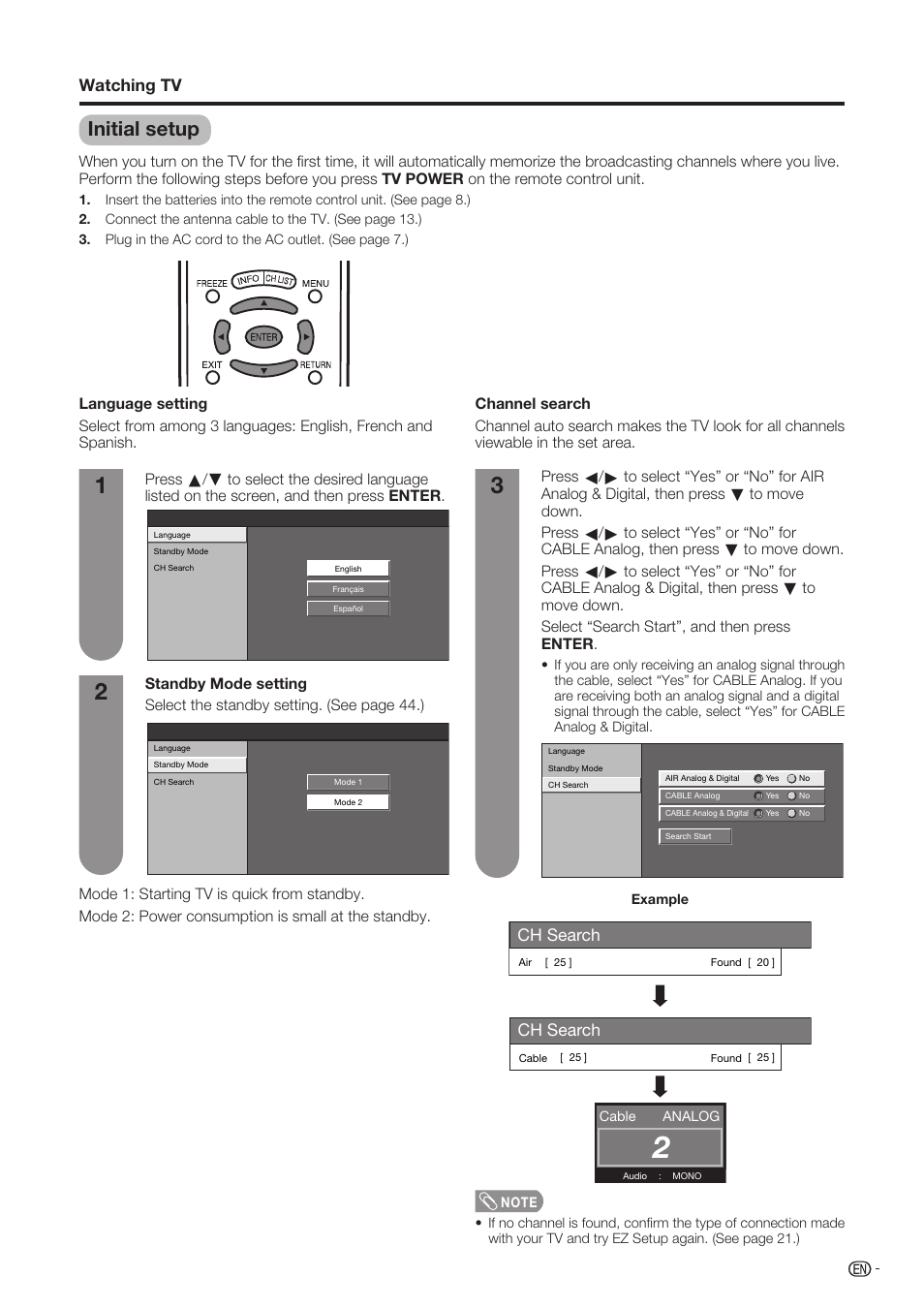 Initial setup, Ch search, Watching tv | Sharp Aquos LC-37D90U User Manual | Page 16 / 79