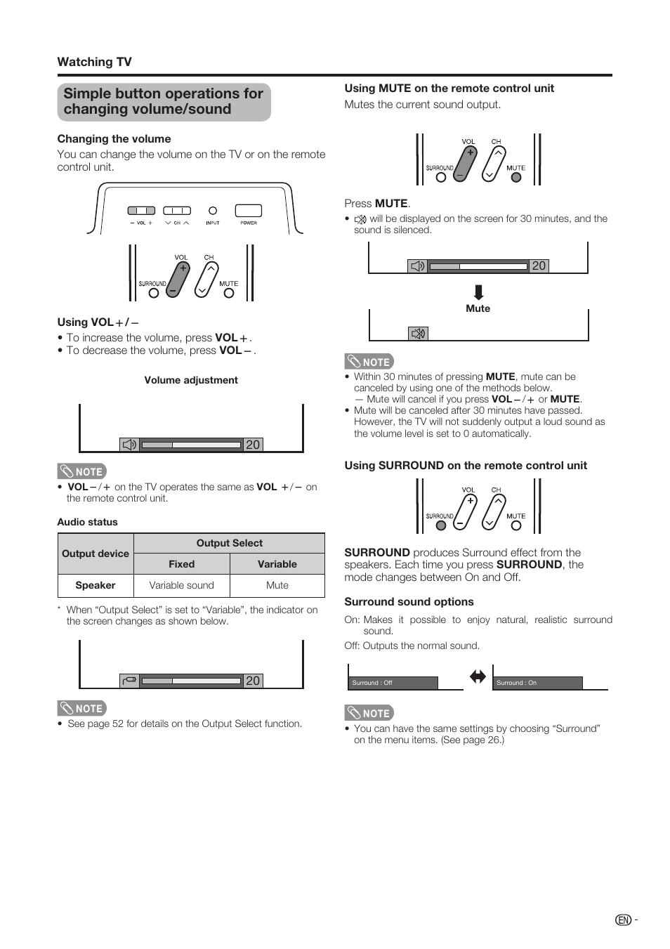 Simple button operations for changing volume/sound | Sharp Aquos LC-37D90U User Manual | Page 18 / 79
