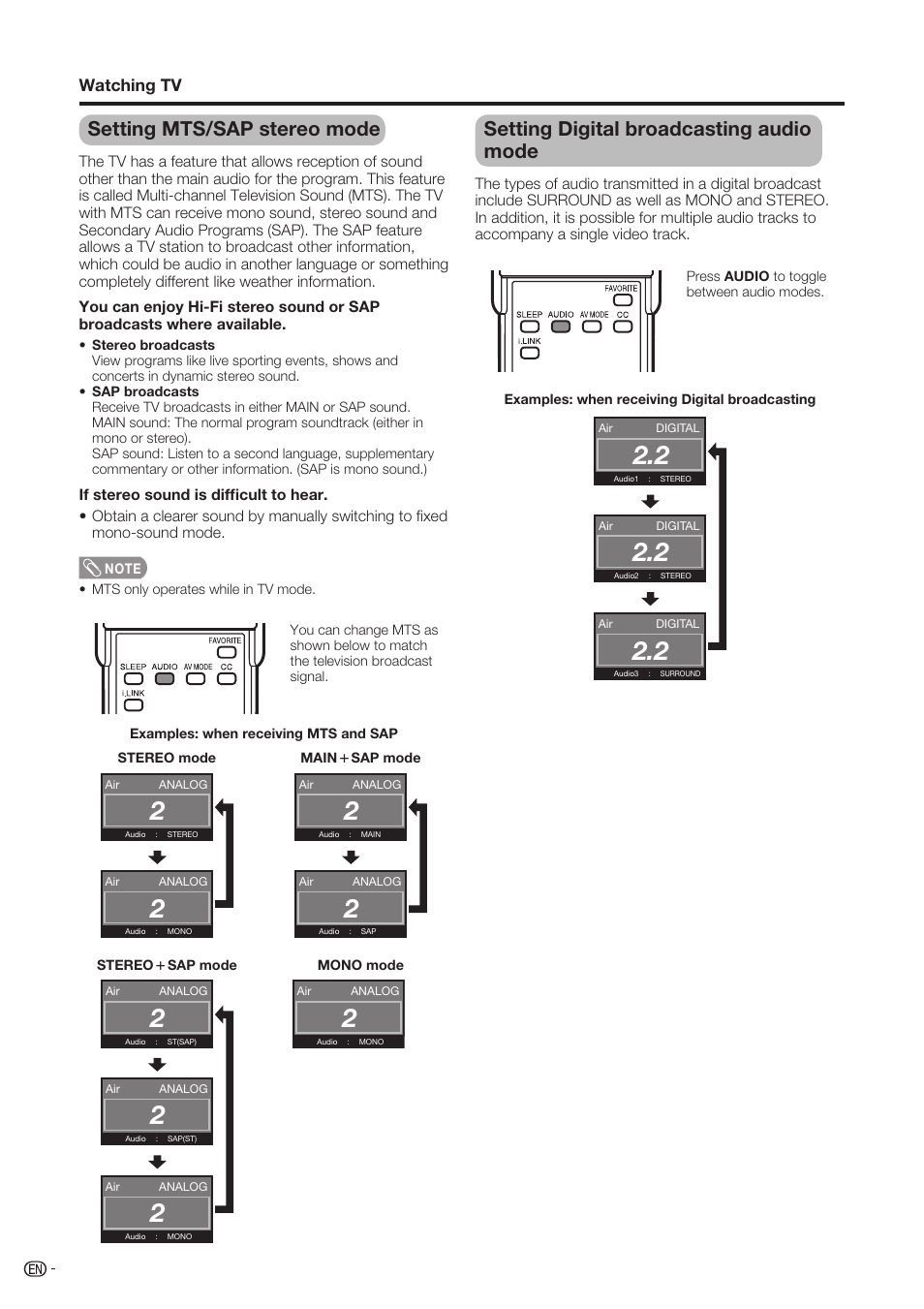 Setting mts/sap stereo mode, Setting digital broadcasting audio mode, Watching tv | Sharp Aquos LC-37D90U User Manual | Page 19 / 79