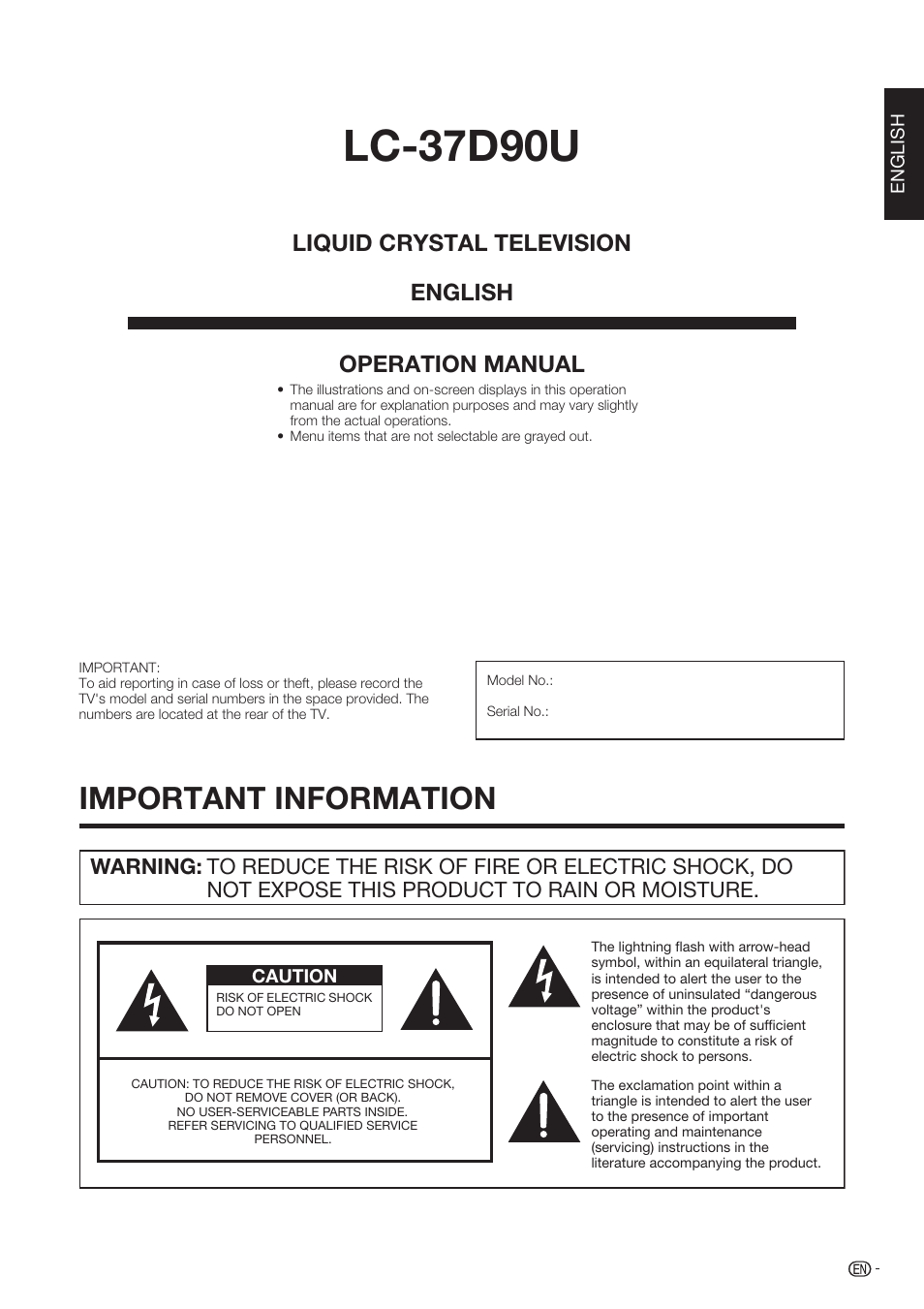 Important information, Lc-37d90u, Operation manual | Liquid crystal television english | Sharp Aquos LC-37D90U User Manual | Page 2 / 79