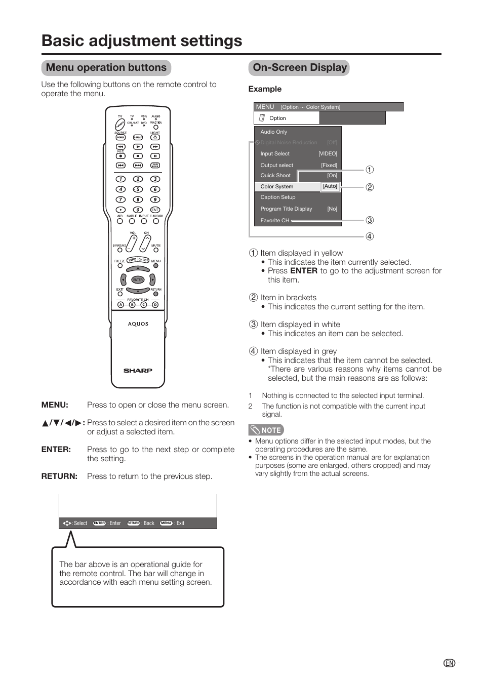 Basic adjustment settings, Menu operation buttons, On-screen display | Sharp Aquos LC-37D90U User Manual | Page 20 / 79
