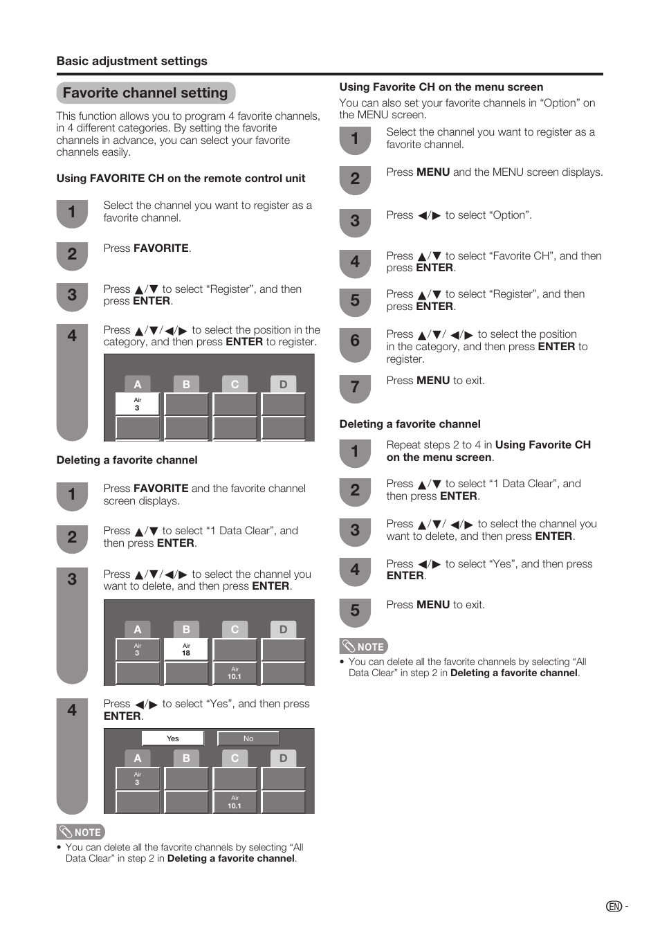 Favorite channel setting | Sharp Aquos LC-37D90U User Manual | Page 24 / 79