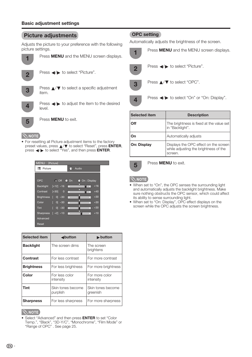 Picture adjustments, Opc setting | Sharp Aquos LC-37D90U User Manual | Page 25 / 79