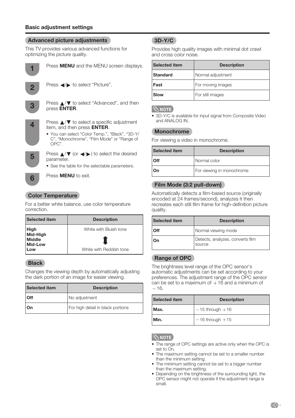Advanced picture adjustments, Color temperature, Black | 3d-y/c, Monochrome, Film mode (3:2 pull-down), Range of opc | Sharp Aquos LC-37D90U User Manual | Page 26 / 79