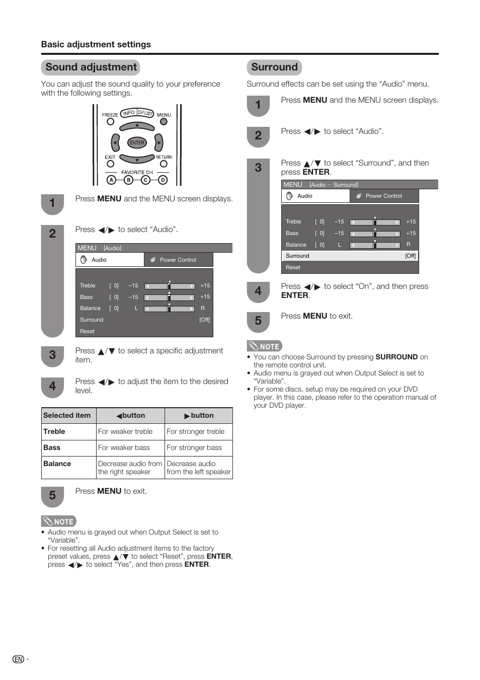 Sound adjustment, Surround | Sharp Aquos LC-37D90U User Manual | Page 27 / 79