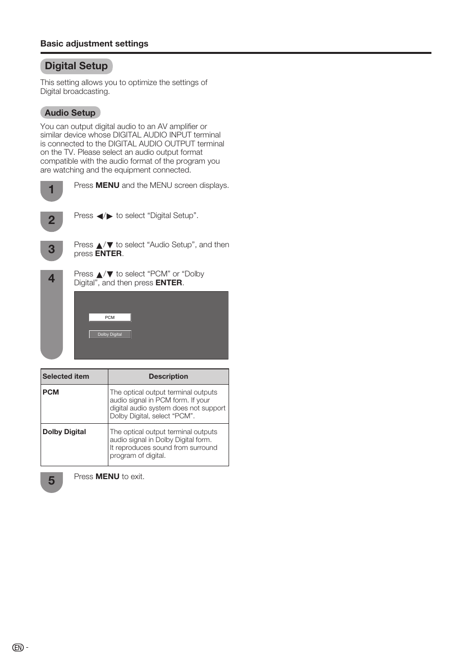 Digital setup, Audio setup | Sharp Aquos LC-37D90U User Manual | Page 29 / 79