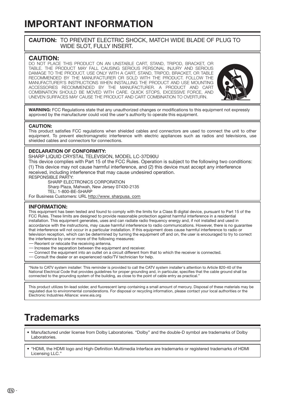 Trademarks, Important information trademarks, Caution | Sharp Aquos LC-37D90U User Manual | Page 3 / 79