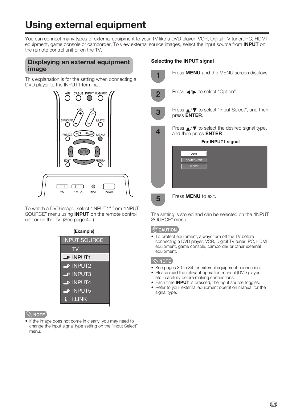 Using external equipment, Displaying an external equipment image | Sharp Aquos LC-37D90U User Manual | Page 30 / 79