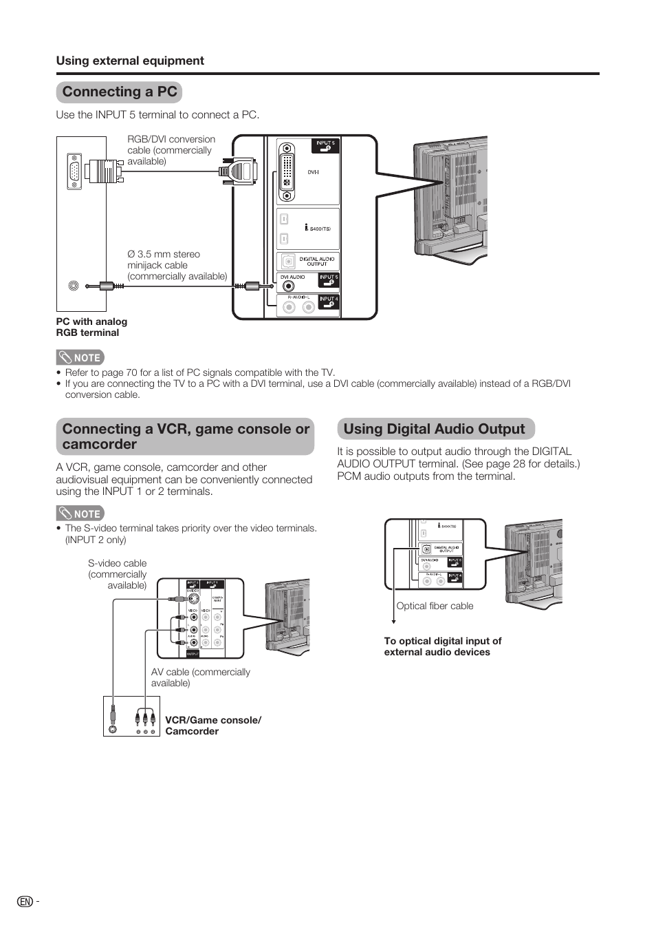 Connecting a pc, Connecting a vcr, game console or camcorder, Using digital audio output | Sharp Aquos LC-37D90U User Manual | Page 33 / 79