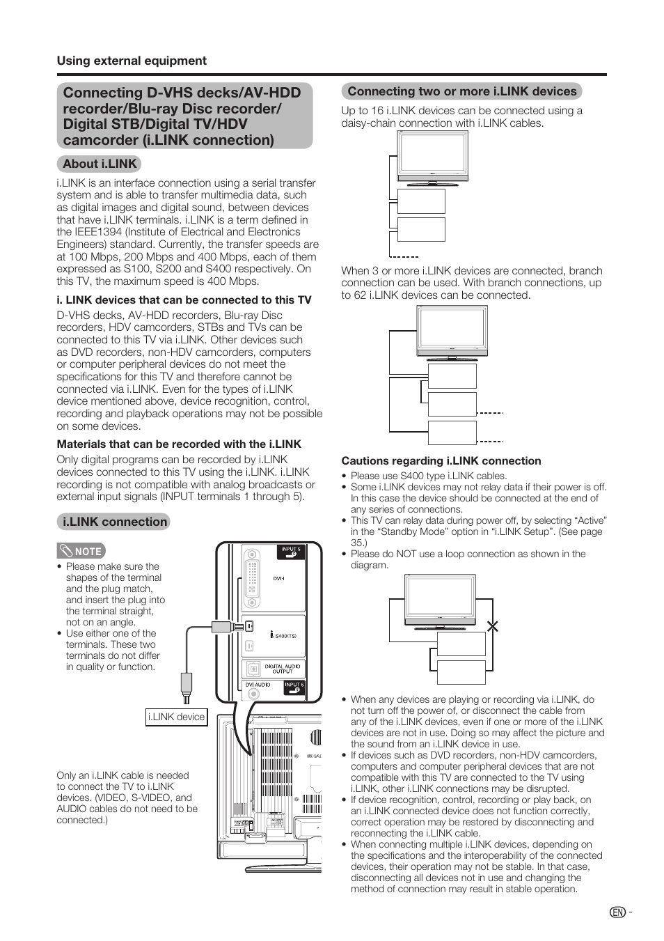 About i.link, I.link connection, Connecting two or more i.link devices | Sharp Aquos LC-37D90U User Manual | Page 34 / 79