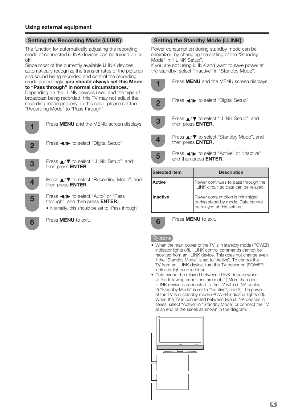 Setting the recording mode (i.link), Setting the standby mode (i.link) | Sharp Aquos LC-37D90U User Manual | Page 36 / 79