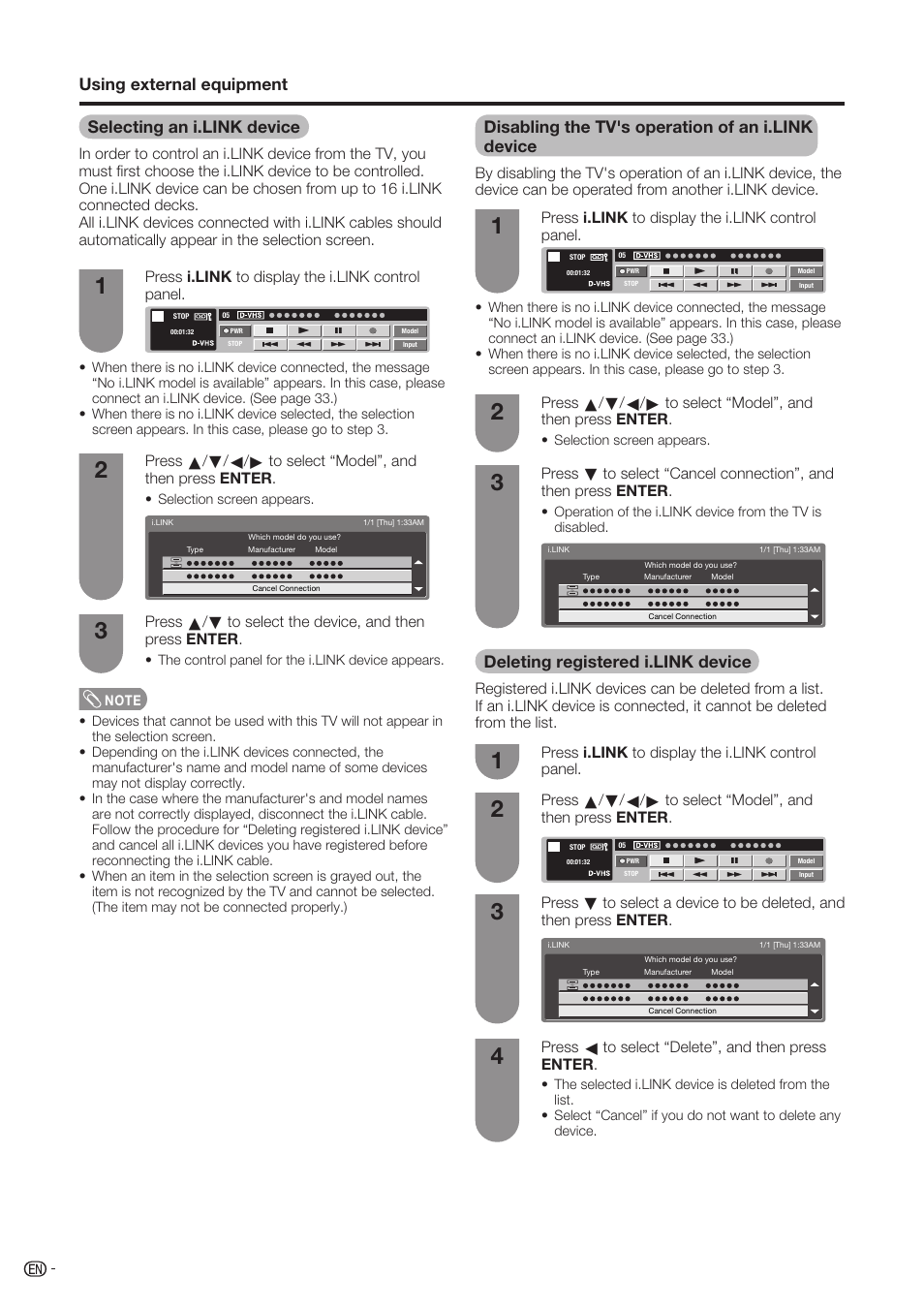 Selecting an i.link device, Disabling the tv's operation of an i.link device, Deleting registered i.link device | Using external equipment | Sharp Aquos LC-37D90U User Manual | Page 37 / 79