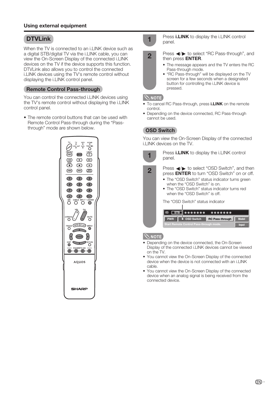 Dtvlink, Remote control pass-through, Osd switch | Sharp Aquos LC-37D90U User Manual | Page 44 / 79