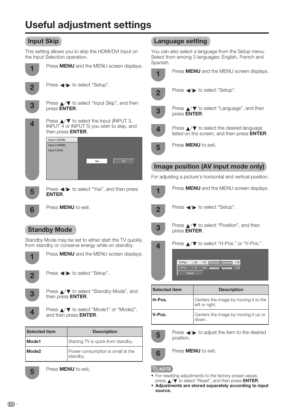 Useful adjustment settings, Input skip, Standby mode | Language setting, Image position (av input mode only) | Sharp Aquos LC-37D90U User Manual | Page 45 / 79
