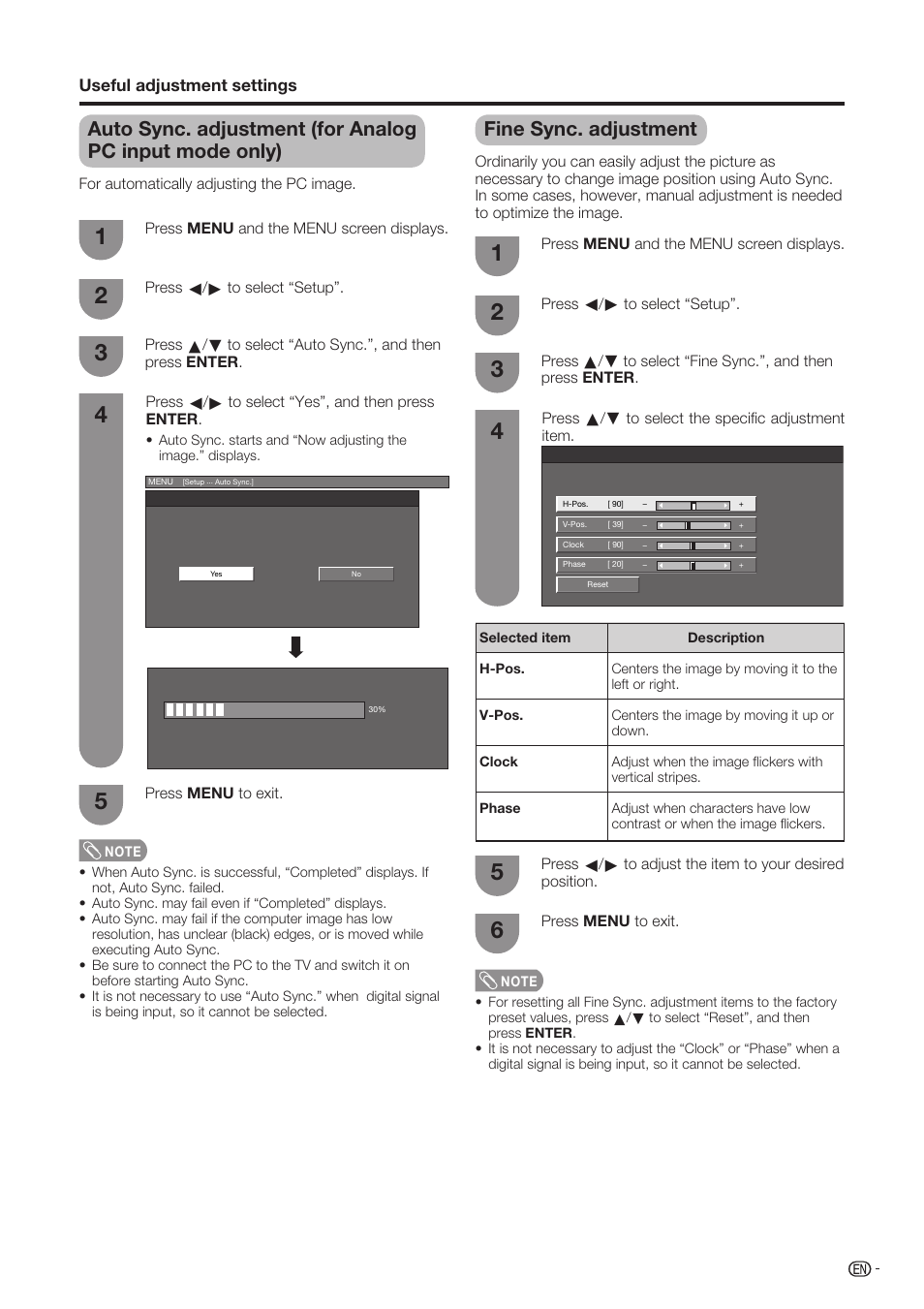 Fine sync. adjustment | Sharp Aquos LC-37D90U User Manual | Page 46 / 79