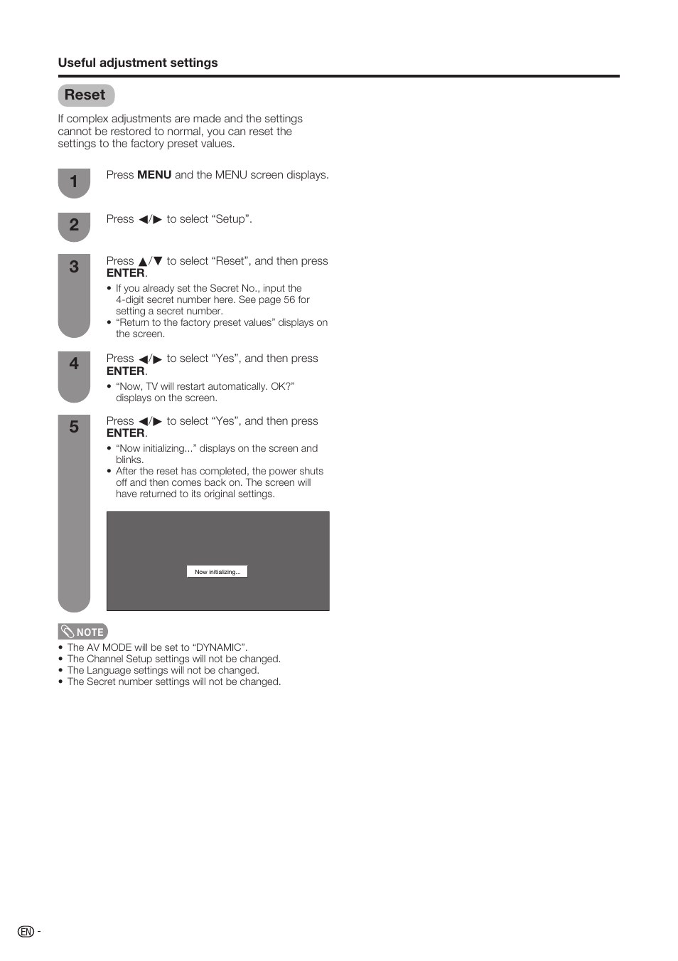 Reset | Sharp Aquos LC-37D90U User Manual | Page 47 / 79