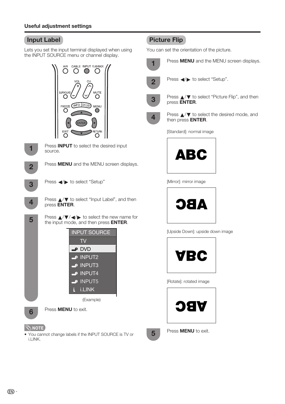 Input label, Picture flip | Sharp Aquos LC-37D90U User Manual | Page 49 / 79