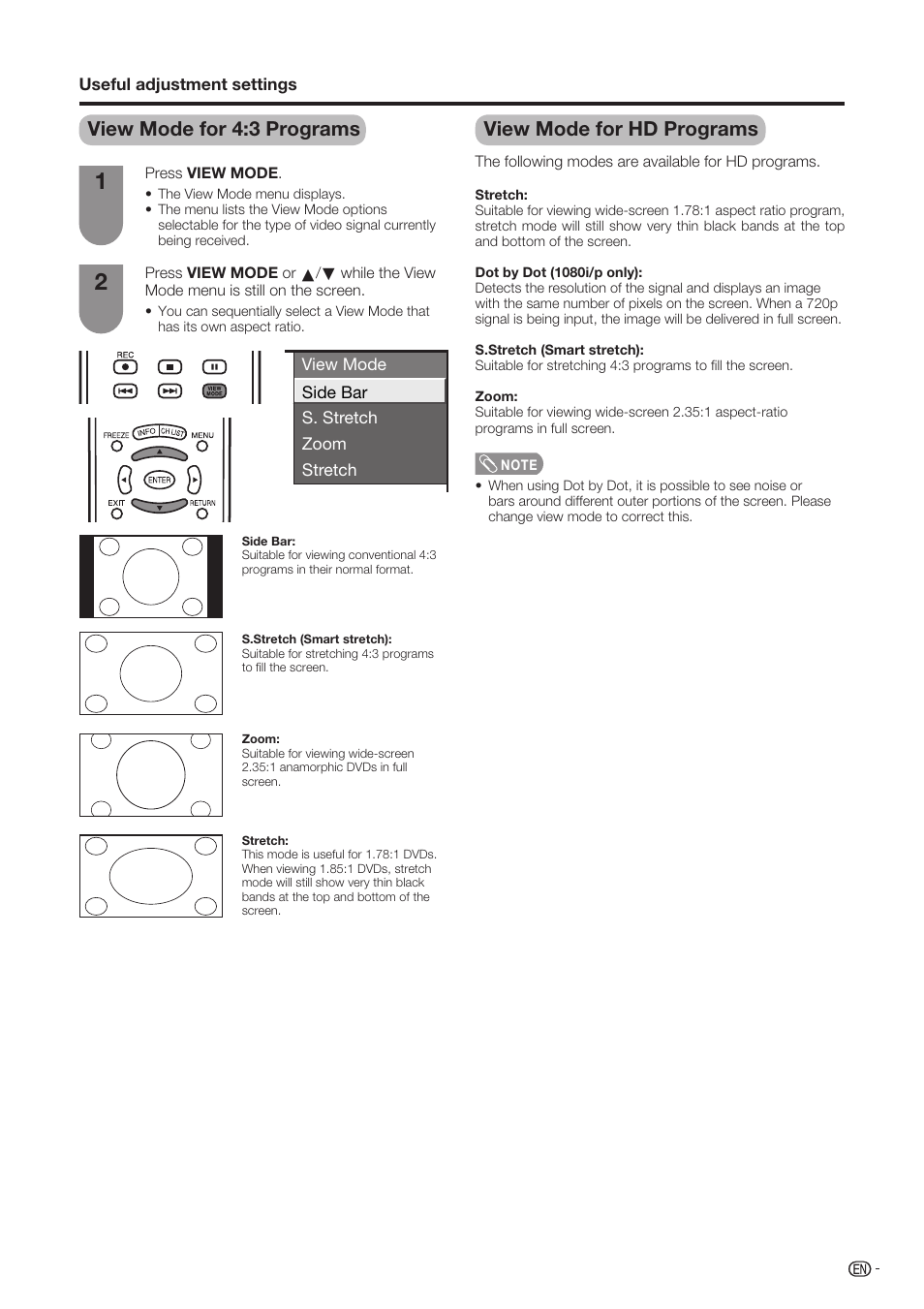 View mode for 4:3 programs, View mode for hd programs | Sharp Aquos LC-37D90U User Manual | Page 50 / 79