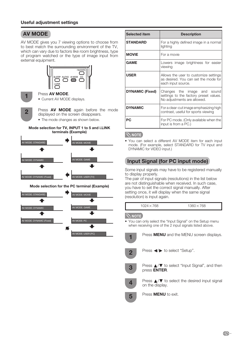 Av mode, Input signal (for pc input mode) | Sharp Aquos LC-37D90U User Manual | Page 52 / 79