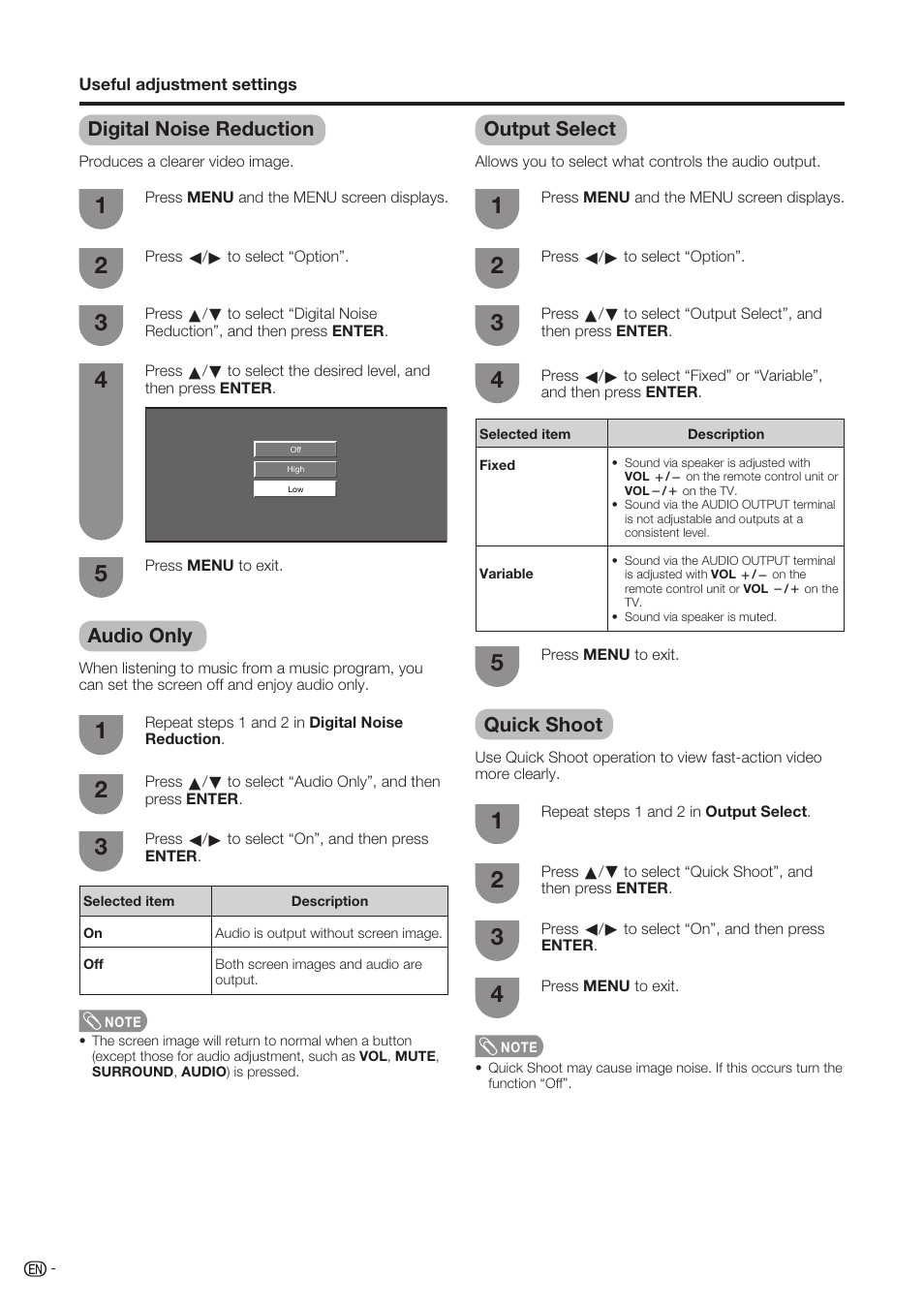 Digital noise reduction, Audio only, Output select | Quick shoot | Sharp Aquos LC-37D90U User Manual | Page 53 / 79