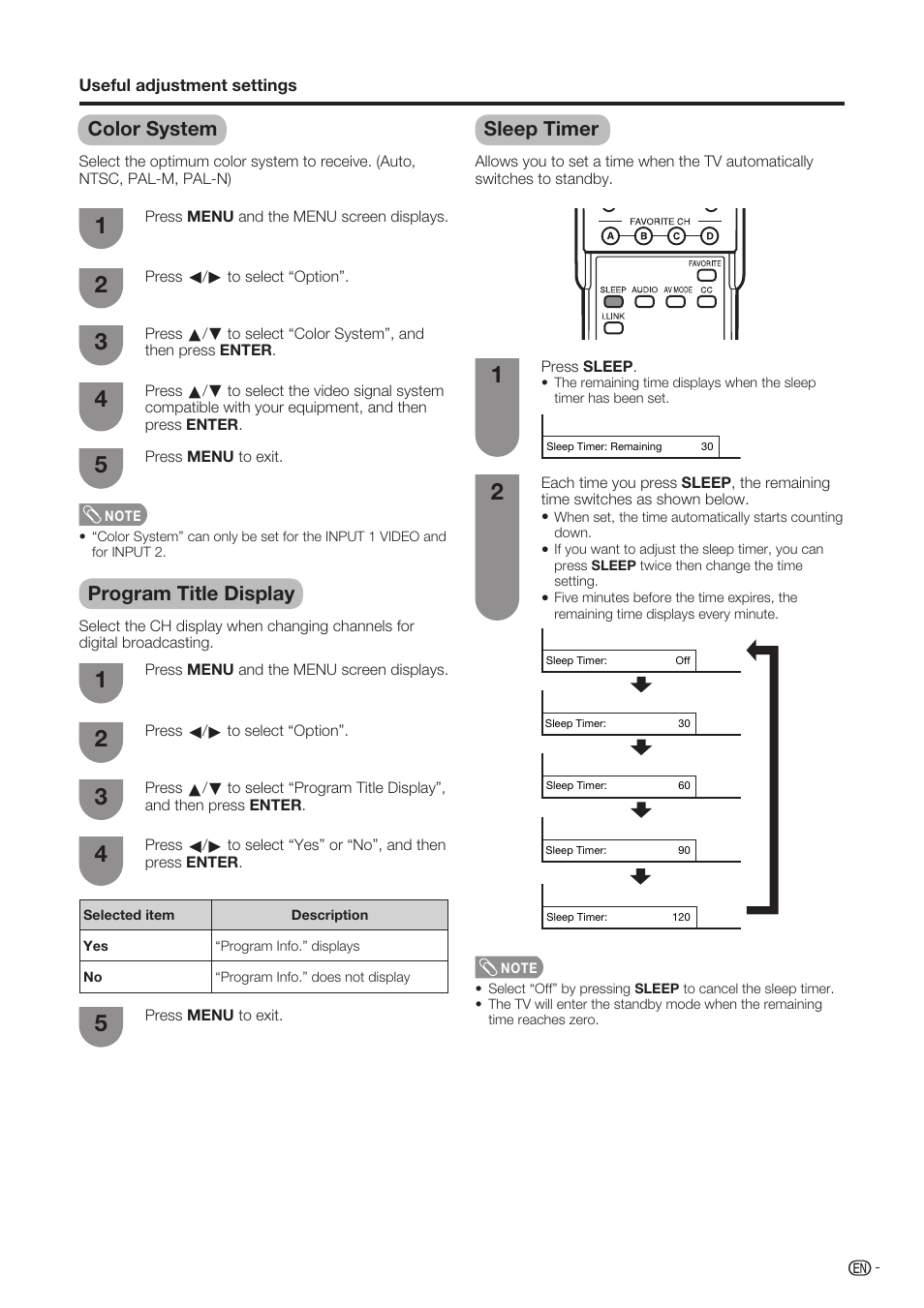 Color system, Program title display, Sleep timer | Sharp Aquos LC-37D90U User Manual | Page 54 / 79