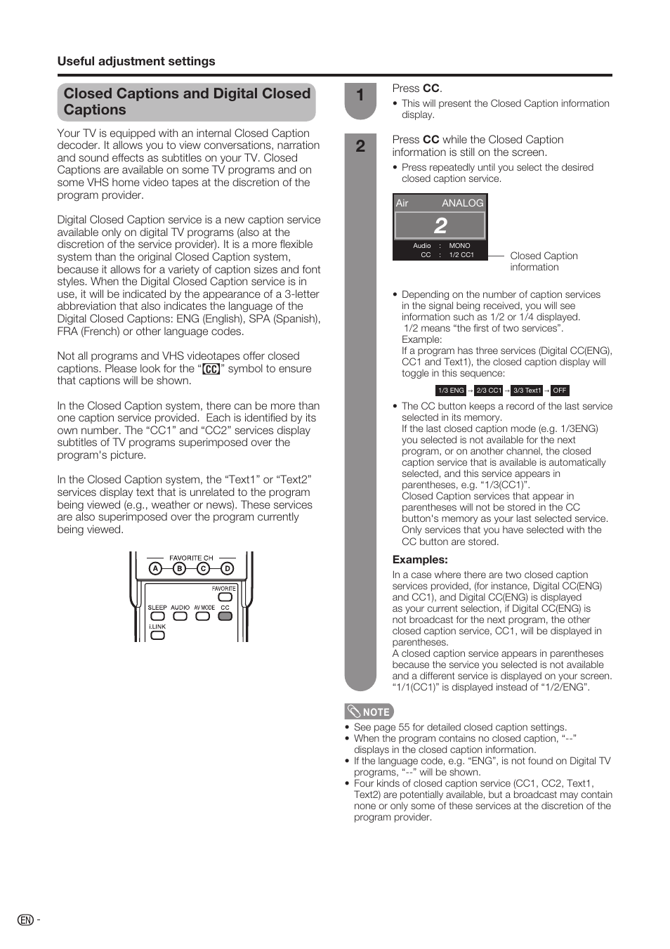 Closed captions and digital closed captions | Sharp Aquos LC-37D90U User Manual | Page 55 / 79